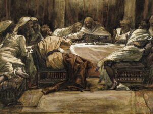 James Tissot's depiction of the Last Supper, showing Jesus celebrating the Passover meal with His twelve disciples before His crucifixion.